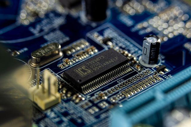 Close-up of a circuit board and network technology