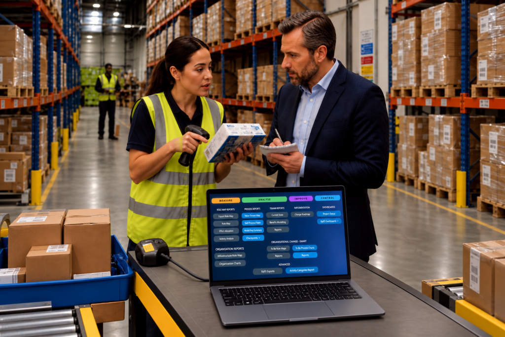 Warehouse team reviewing stock information at a workbench